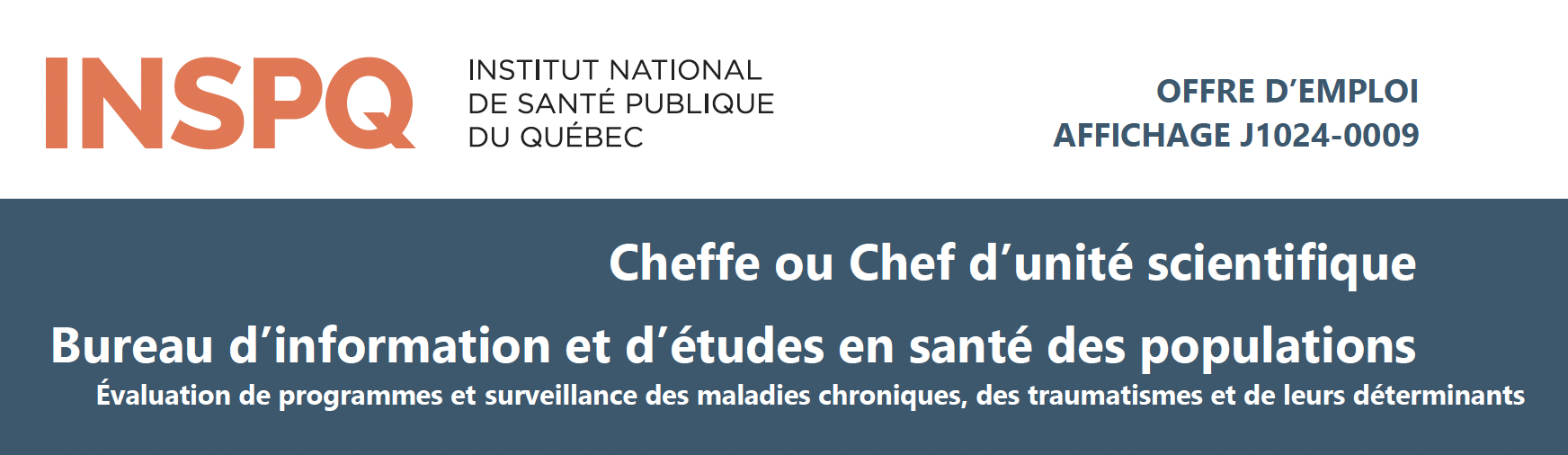 Cheffe ou Chef d’unité scientifique | Bureau d’information et d’études en santé des populations | INSPQ